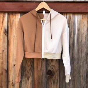 Split Beige Neutral Tone Crop Zip Up Jacket